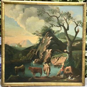 Late 18th Century French School. Landscape With Cows.oil On Canvas