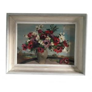 Oil On Hardboard Signed Girol. Bouquet Of Peonies