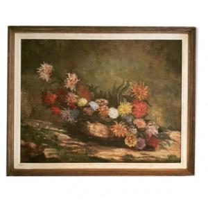 Bouquet Of Dahlias. Oil On Canvas Signed Moras 1966