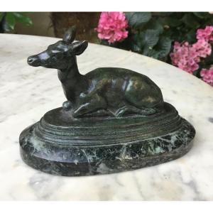 Antoine Louis Barye Deer Lying In Bronze On Marble Terrace