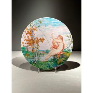 Victor Ranvier And Th. Deck, Fishing, Figurative Earthenware Plate, Signed And Dated 1871.