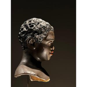 Head Of Neapolitan Santon Of Young African In Wax, Eyes In Sulphide, Italy