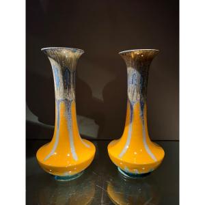 Manufacture De Fives, G. De Bruyn, Pair Of Stoneware Vases, Art Nouveau, Lille, 1910.