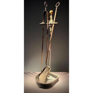 Fire Utensils, Iron And Gilt Bronze, Tongs And Shovel, Empire Period, Ca. 1810,