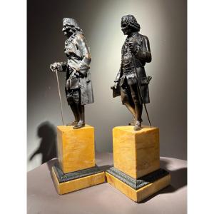 Pair Of Bronze Sculptures Representing Voltaire And Rousseau, Restoration Period.