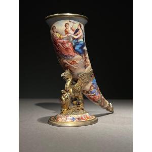Horn In Silver And Enamelled Silver Gilt Decorated With Mythological Scenes, Viennese Work Circa 1860.