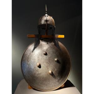 Ottoman “kulah Khud” Helmet And Rondache Shield, Ottoman Or Indo-persian Empire, 19th C.