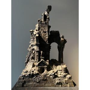 Ruin-shaped Clock In Chiseled And Patinated Bronze, France, Louis-philippe Period, Circa 1840