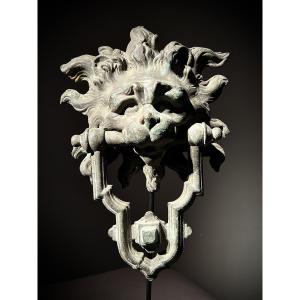 Bronze Door Knocker With Green Parina, Lion's Head, Italy, 1870.