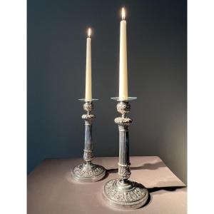 Pair Of Late Empire/early Restoration Period Candlesticks In Silver-plated Bronze, Circa 1815-1820.