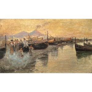 Francesco Mancini (1830-1905), Blessing Of The Neapolitan Fishing Boats, Oil, Ca. 1880.