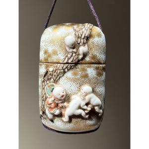 Inro Porcelain Decoration With Children Playing, With Netsuke, Japan, Late Medji Period, Ca. 1890-1900.