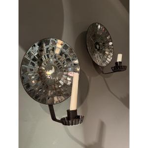 Pair Of Sheet Metal Wall Sconces With Beveled Mirrors, French Production, Late 19th Century.