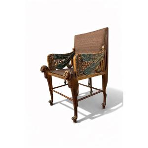 Egyptian Revival Armchair In Gilt And Lacquered Wood, England, 19th Century.