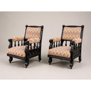 Pair Of Neo-gothic Club Armchairs In Ebonized Wood, Catalonia, Circa 1890.