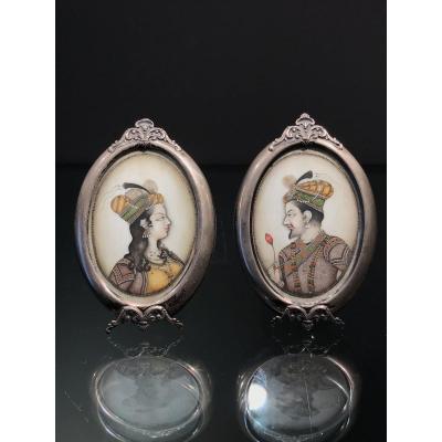 Pair Of Indian Miniatures, Gouache On Ivory, Ca. 1920.