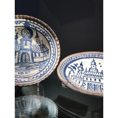 Pair Of Large Russian Dishes In Majolica From Gzhel, Cobalt Blue And White Decor, Dated 1807-1809.