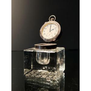 Tall Crystal And Silver Pendulum Inkwell, By John Grinsel Ltd., Birmingham, 1905-1920.