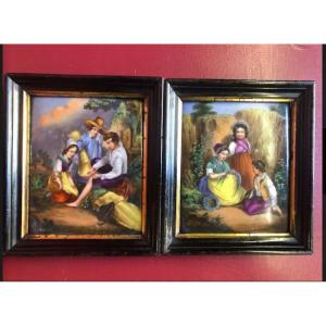 Pair Of Plates On Porcelain Romantic Subjects