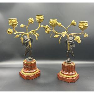 Pair Of Bronze Candlesticks With Two Patinas - Second Empire 