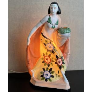 Art Deco Night Light In Polychrome Porcelain – Stylized Woman – 1930s – Numbered 10589