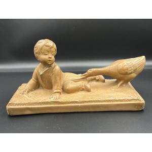 Antique Glazed Terracotta Sculpture – Child And Goose – Signed
