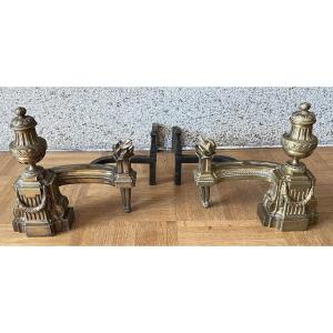 Pair Of Solid Bronze Andirons - Louis XVI Style - 19th Century