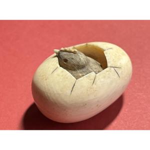 Antique Japanese Netsuke - Chick Emerging From Egg - Mitsuhiro Signature