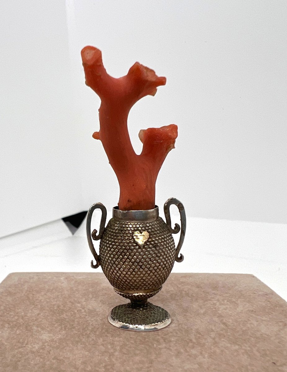 Piccolo vaso in argento e oro con ramo di corallo Napoli XIX sec.-photo-4