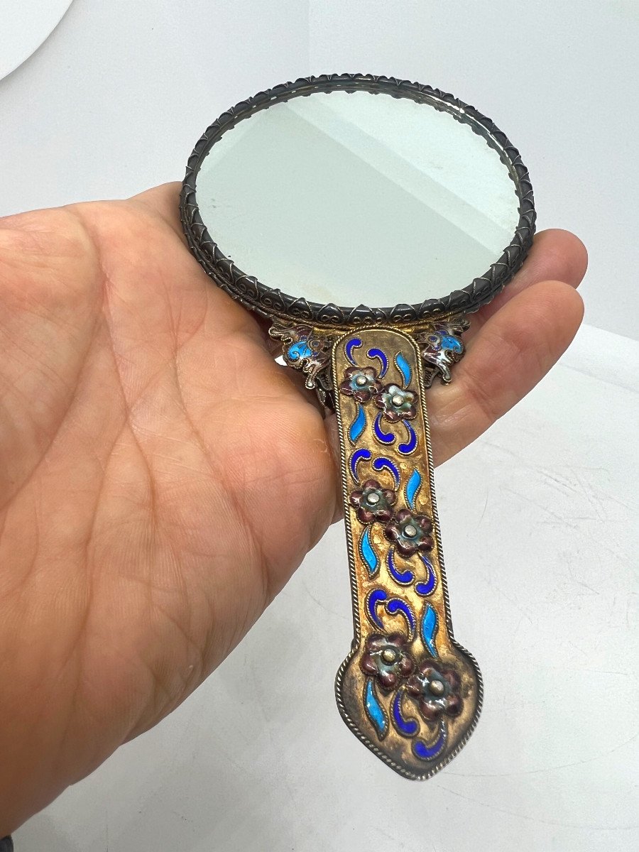 Specchio a mano in argento dorato Cina XX sec.-photo-2