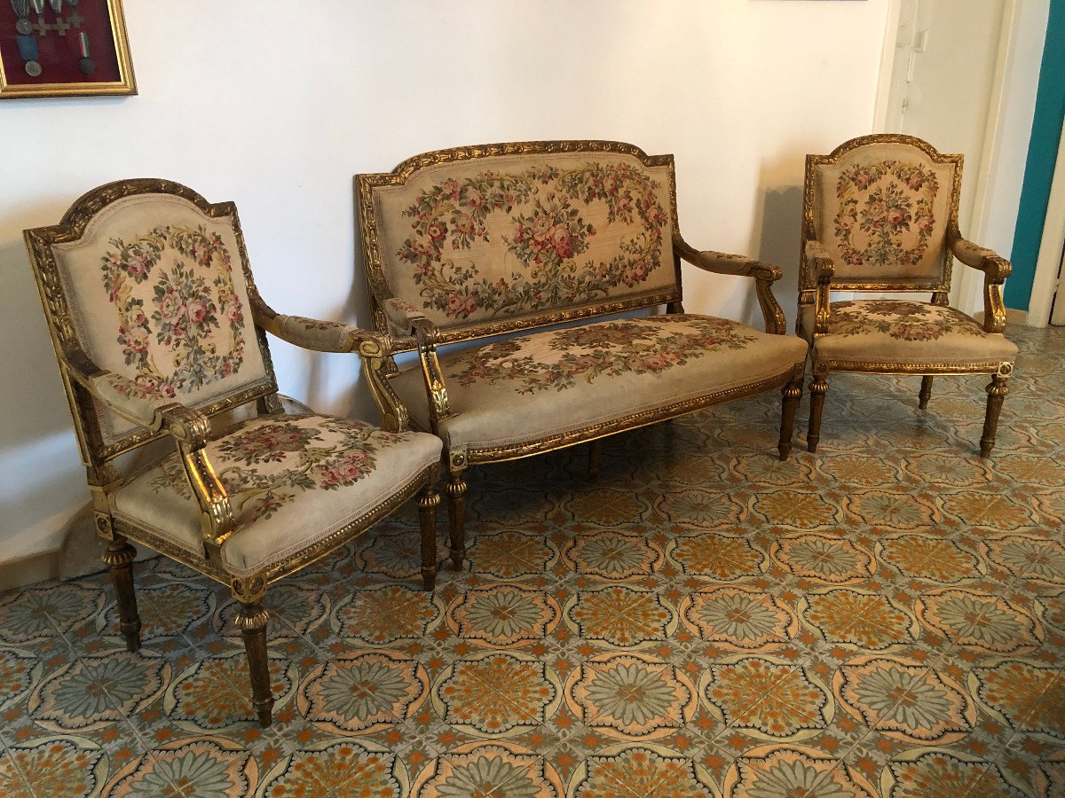 Canapè Avec Deux Fauteuils Louis XVI  France XIX Sec.-photo-3