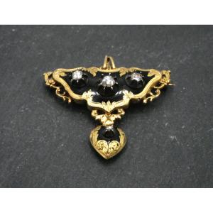Pendant - Brooch In Yellow Gold, Silver, Diamonds And Enamel