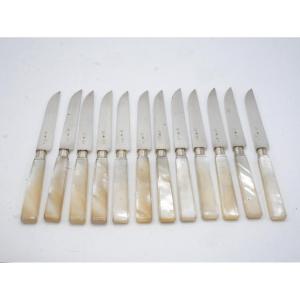 Set Of 12 Fruit Knives In Solid Silver And Mother-of-pearl