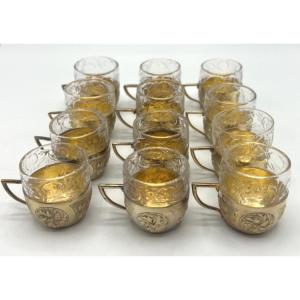 Set Of 12 Glass And Vermeil Liqueur Or Port Glasses