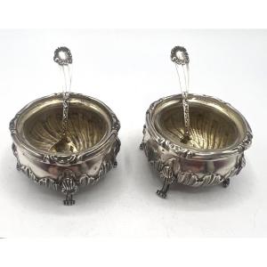 Pair Of Solid Silver Salt Cellars And Their Salt Scoops