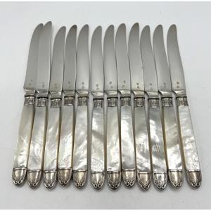 12 Solid Silver Fruit Knives With Mother-of-pearl Handles