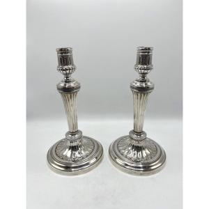 Pair Of Candlesticks In 18th Century Sterling Silver
