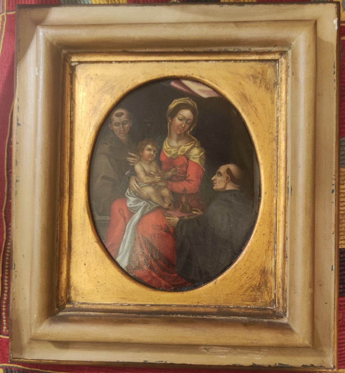 Quadro su ranepittura su rame raffigurante San Benedetto e San Francesco ai lati di madonna con-photo-1