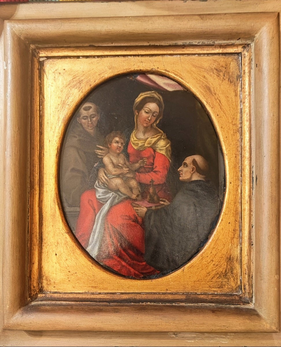 Quadro su ranepittura su rame raffigurante San Benedetto e San Francesco ai lati di madonna con