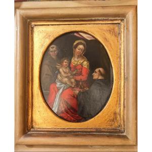Quadro su ranepittura su rame raffigurante San Benedetto e San Francesco ai lati di madonna con