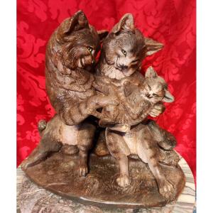 Famiglia di gattifamiglia di gatti, scultura in terracotta probabilmente austriaca