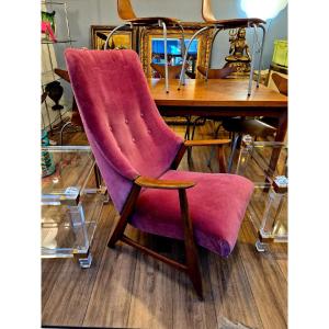 1950s Scandinavian Armchair In Wood And Velvet – Seat Needs Restoration