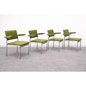 Set Of 4 Modernist Armchairs – 1970s – Chrome Frame & Olive Green Fabric