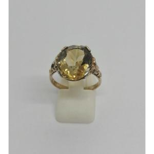 Silver/vermeil Ring, Superb Amber Citrine, Faceted, Rocaille Decor, 1920.