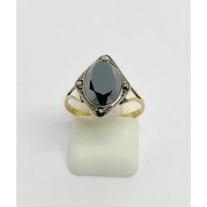 Gold/silver Ring, Hematite And Marcasites, Art Deco, Circa 1925.