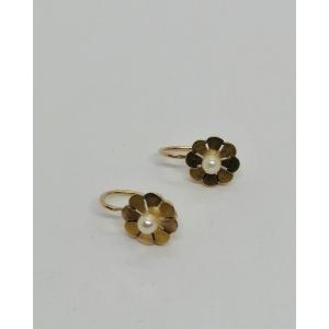 Two-tone Gold Earrings, Fleurette And Fine Pearl, Circa 1900, Art Nouveau.