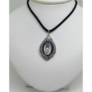 Silver Pendant, With Blue Enamel Circle, And Tassel With Baroque Pearl.