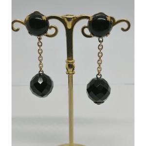 Dangling Earrings, Brass Clip With Cabochon And Faceted Black Glass Bead.