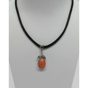 Solid Silver, Marcasite And Coral Cabochon Pendant, Circa 1920.