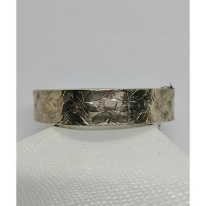 Silver Bracelet, Oval And Flat Bangle, Foliage Decoration, France, Art Nouveau.